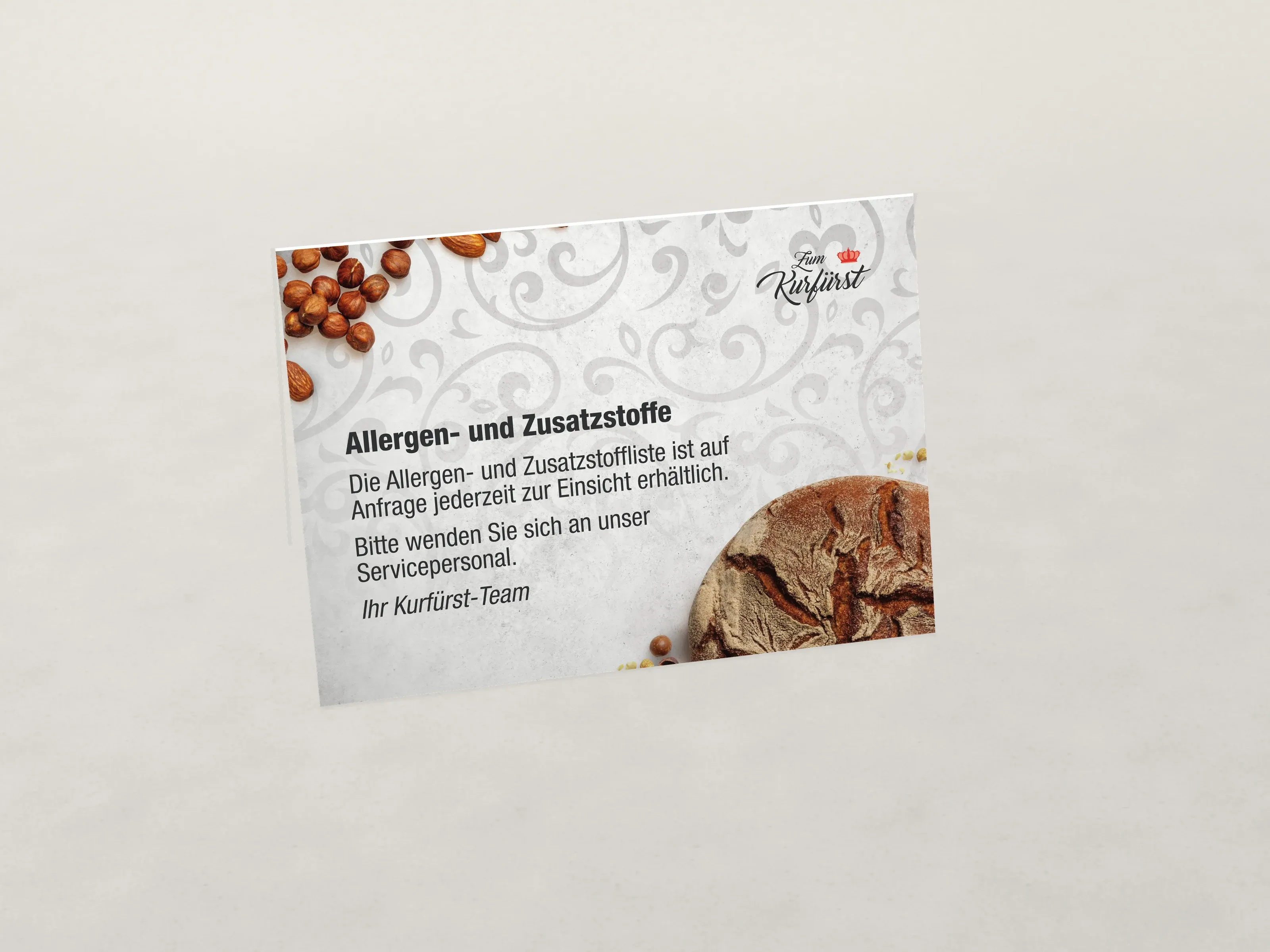 Zeltkarte zu Allergenen auf hellem Grund