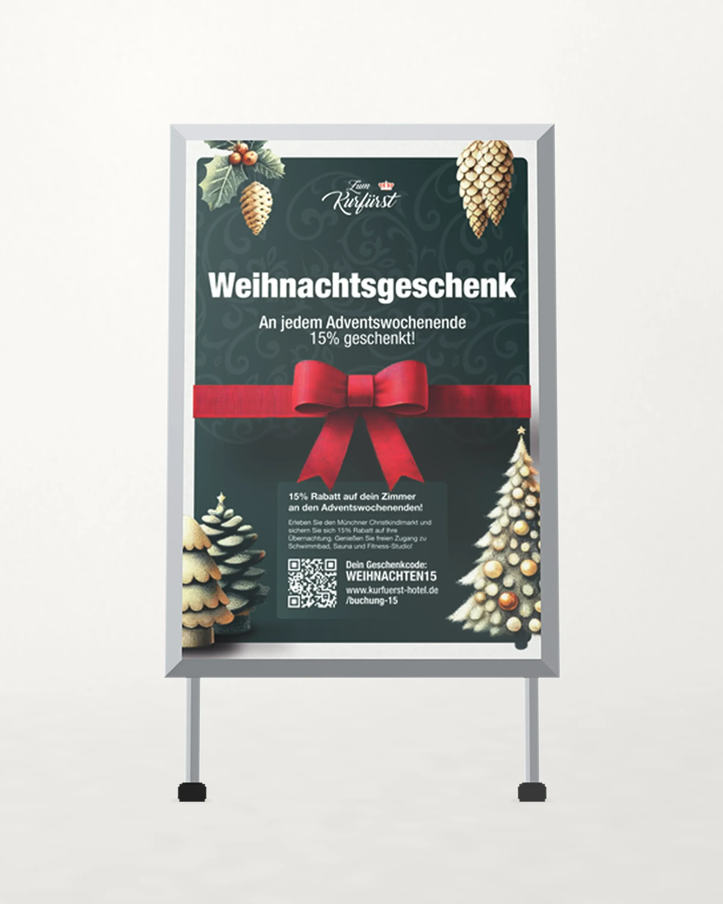 Kundenstopper mit grünem Weihnachtsplakat und roter Schleife auf hellem Grund