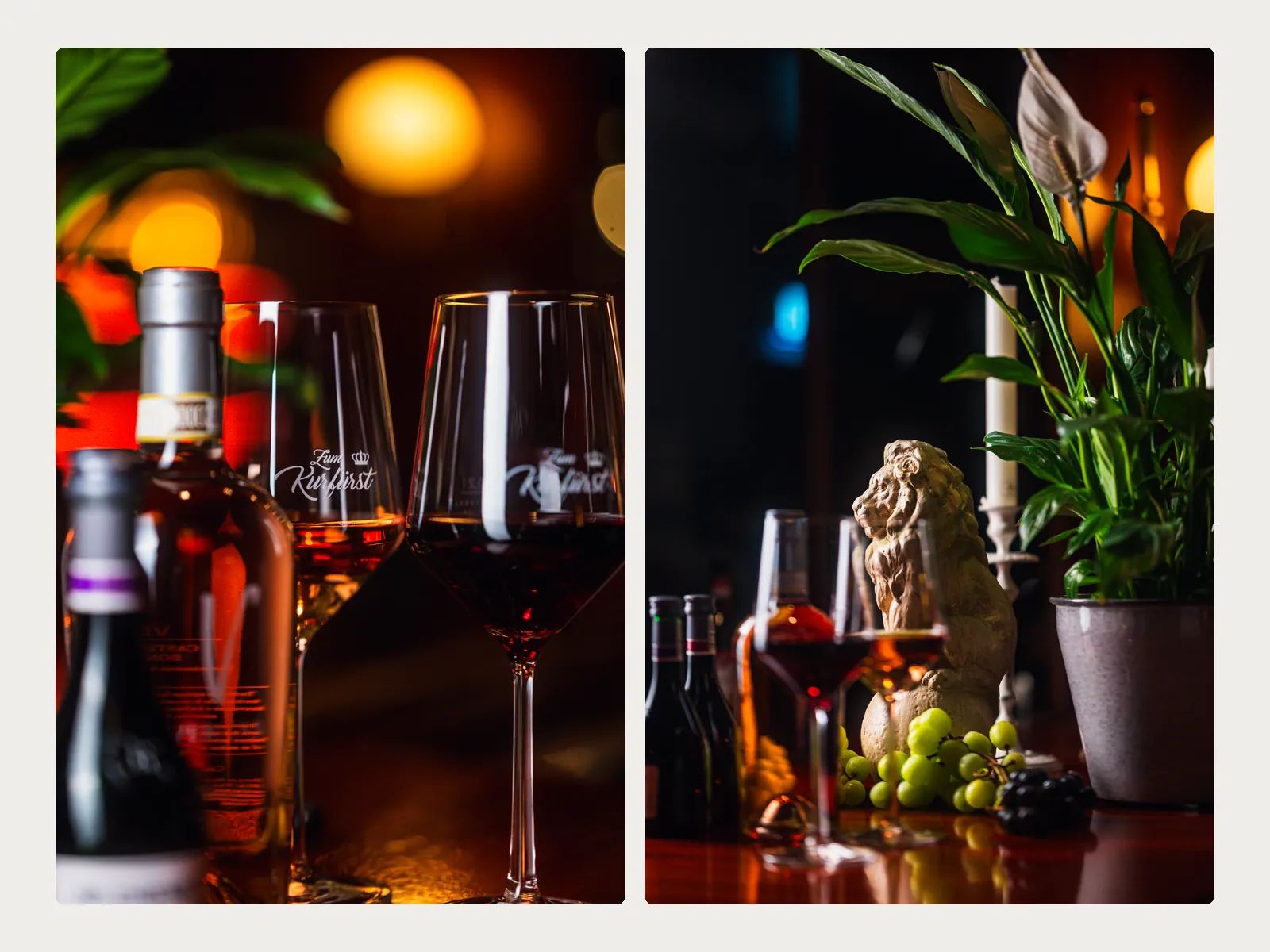 Rotwein im Glas und ein Stillleben mit Trauben an einer Bar
