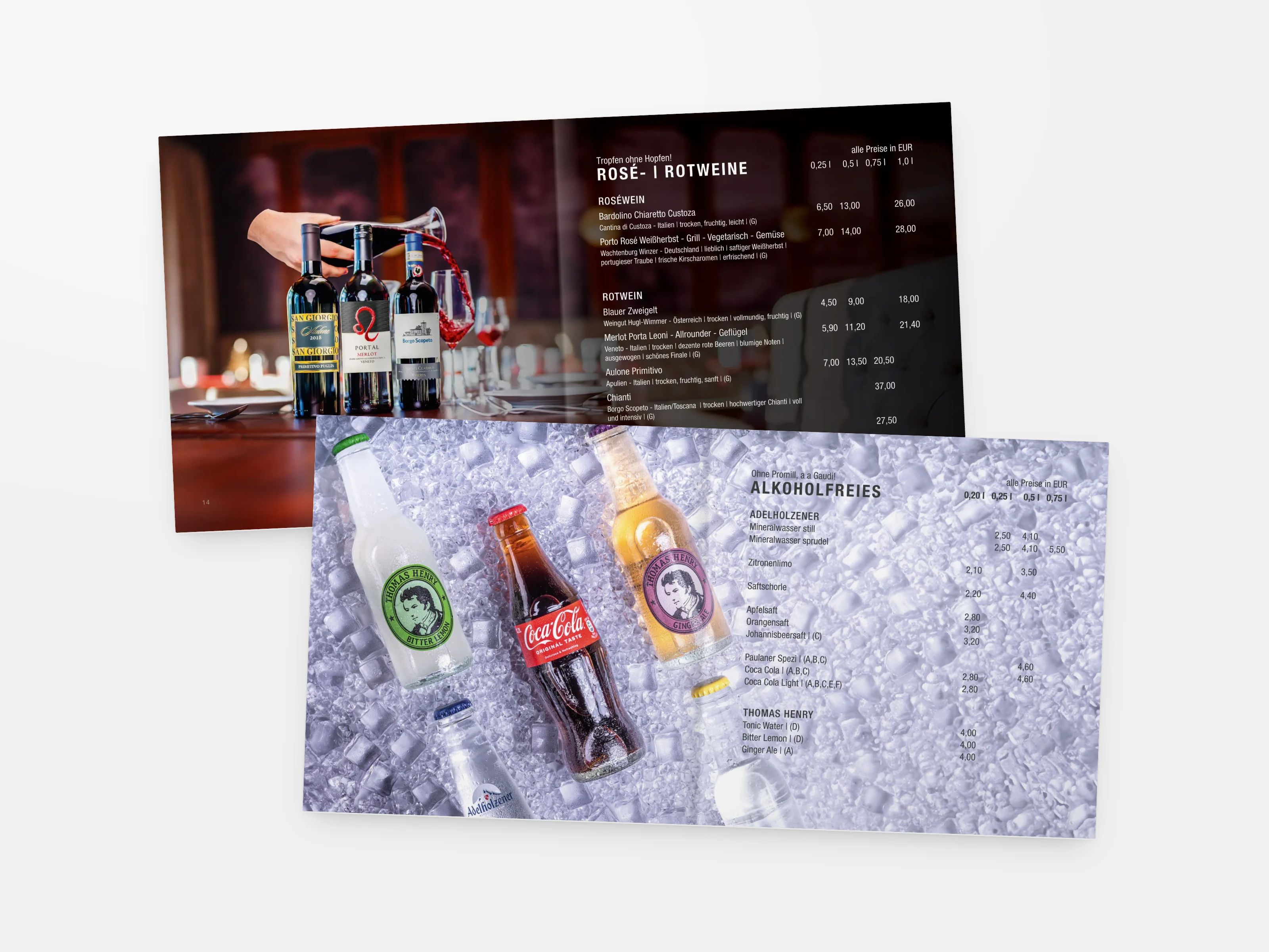 Aufgeschlagene Barkarte mit Weinen und Softdrinks