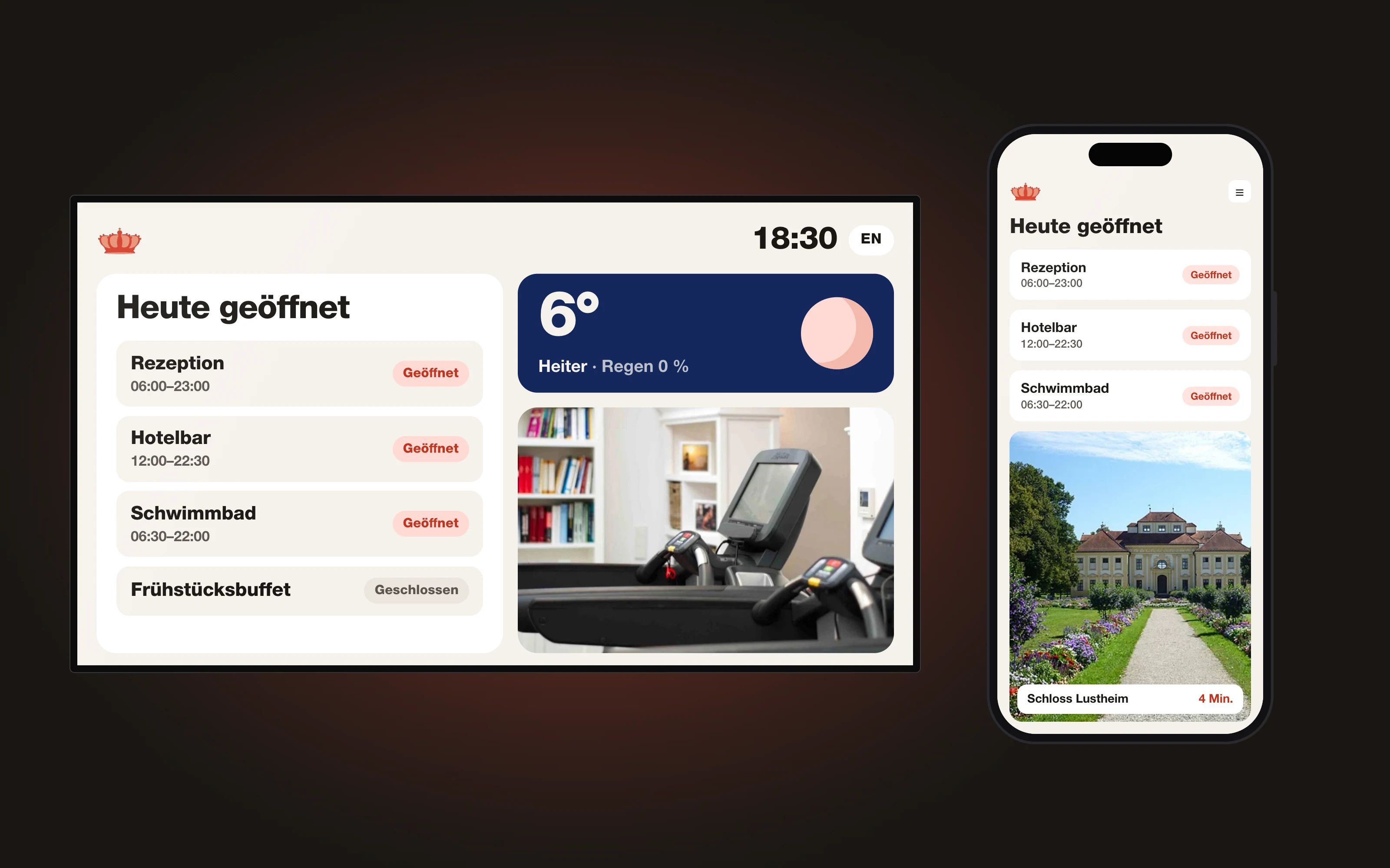 Bildschirm in der Lobby und daneben ein Handy mit denselben Infos