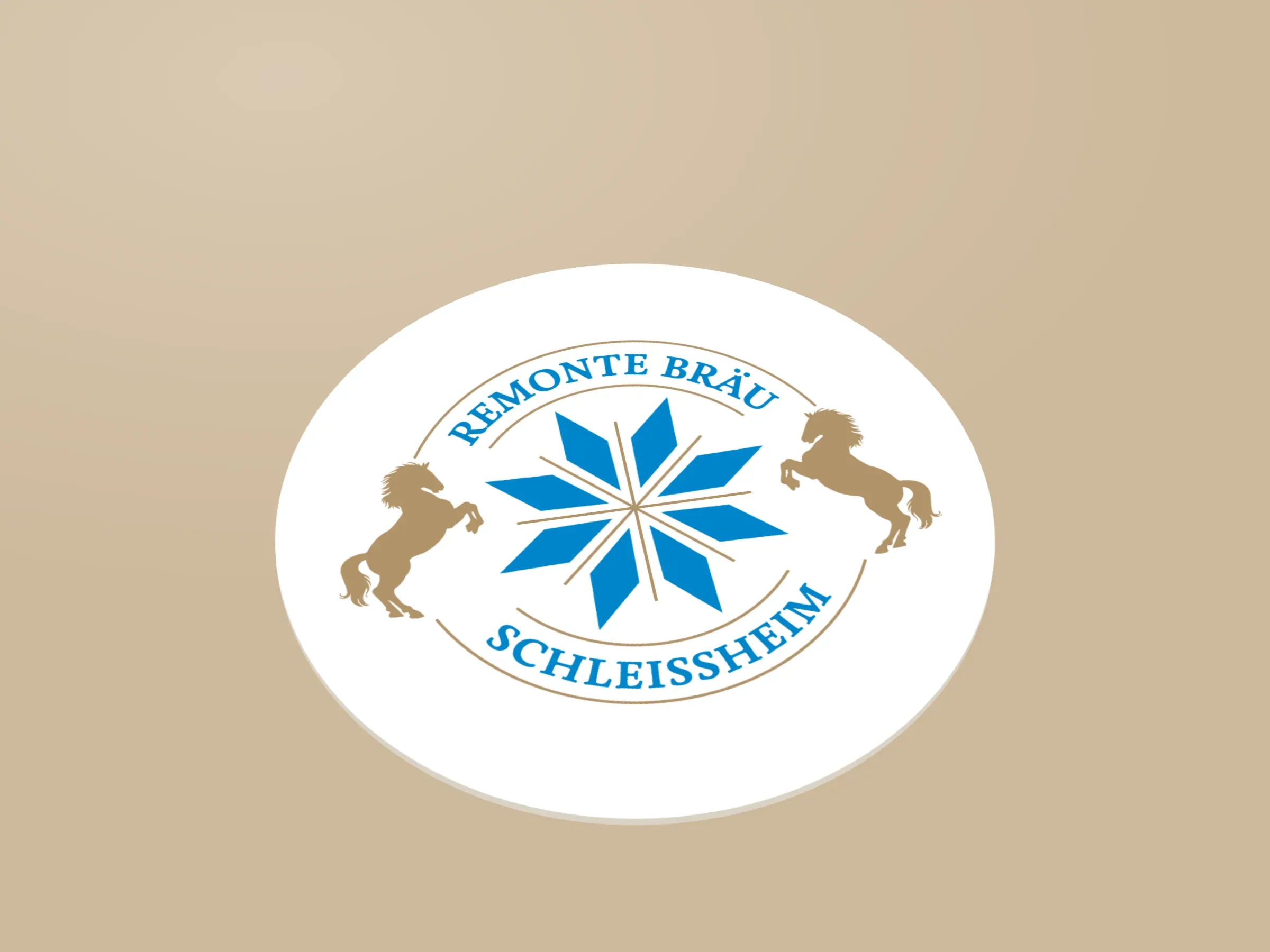 Bierdeckel mit dem runden Logo einer Brauerei, Stern und zwei Pferde