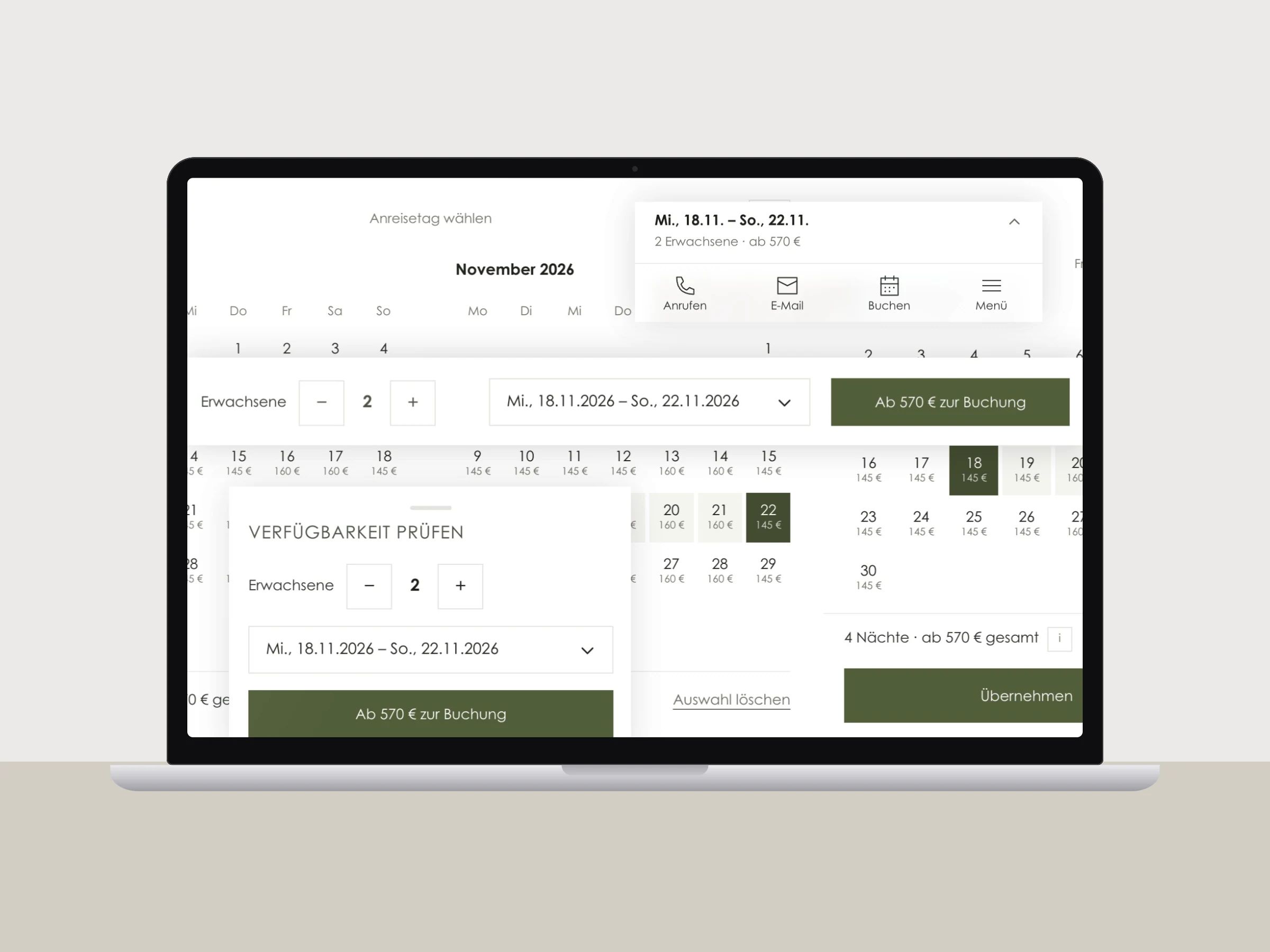 Buchungsstrecke einer Hotelwebseite im Browser