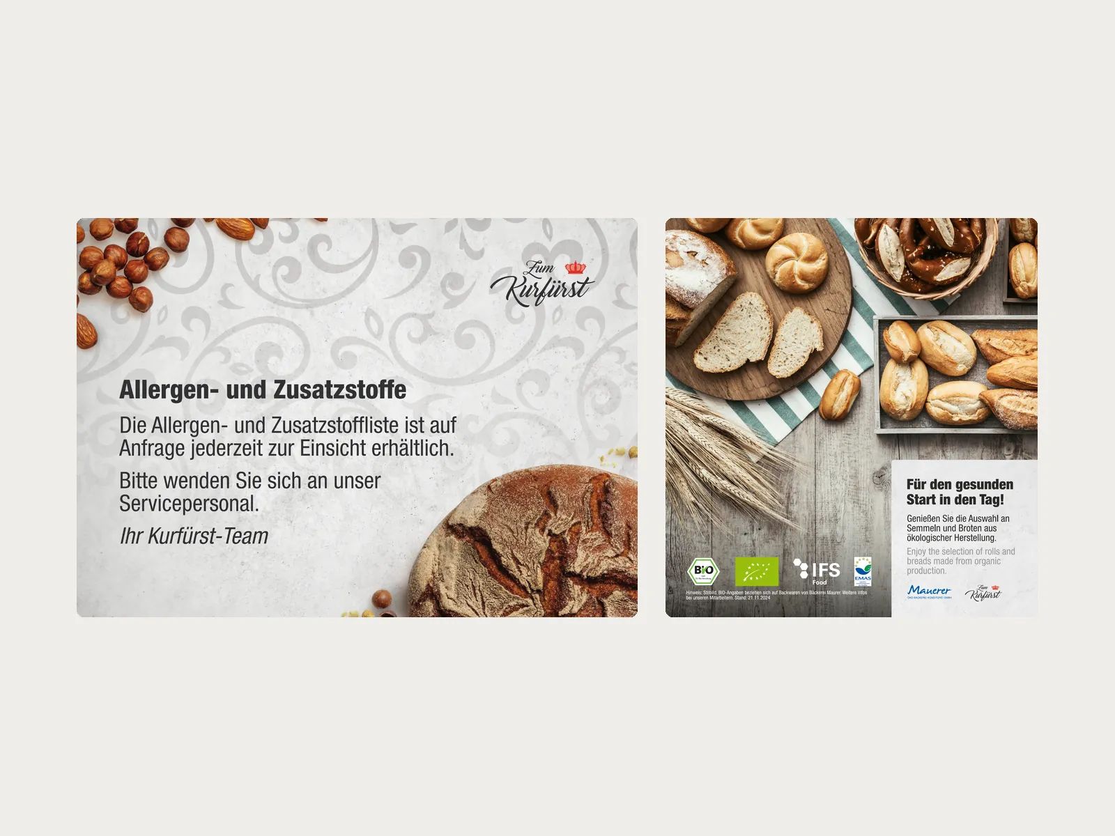 Zwei Schilder für ein Frühstücksbuffet mit Brot und Semmeln