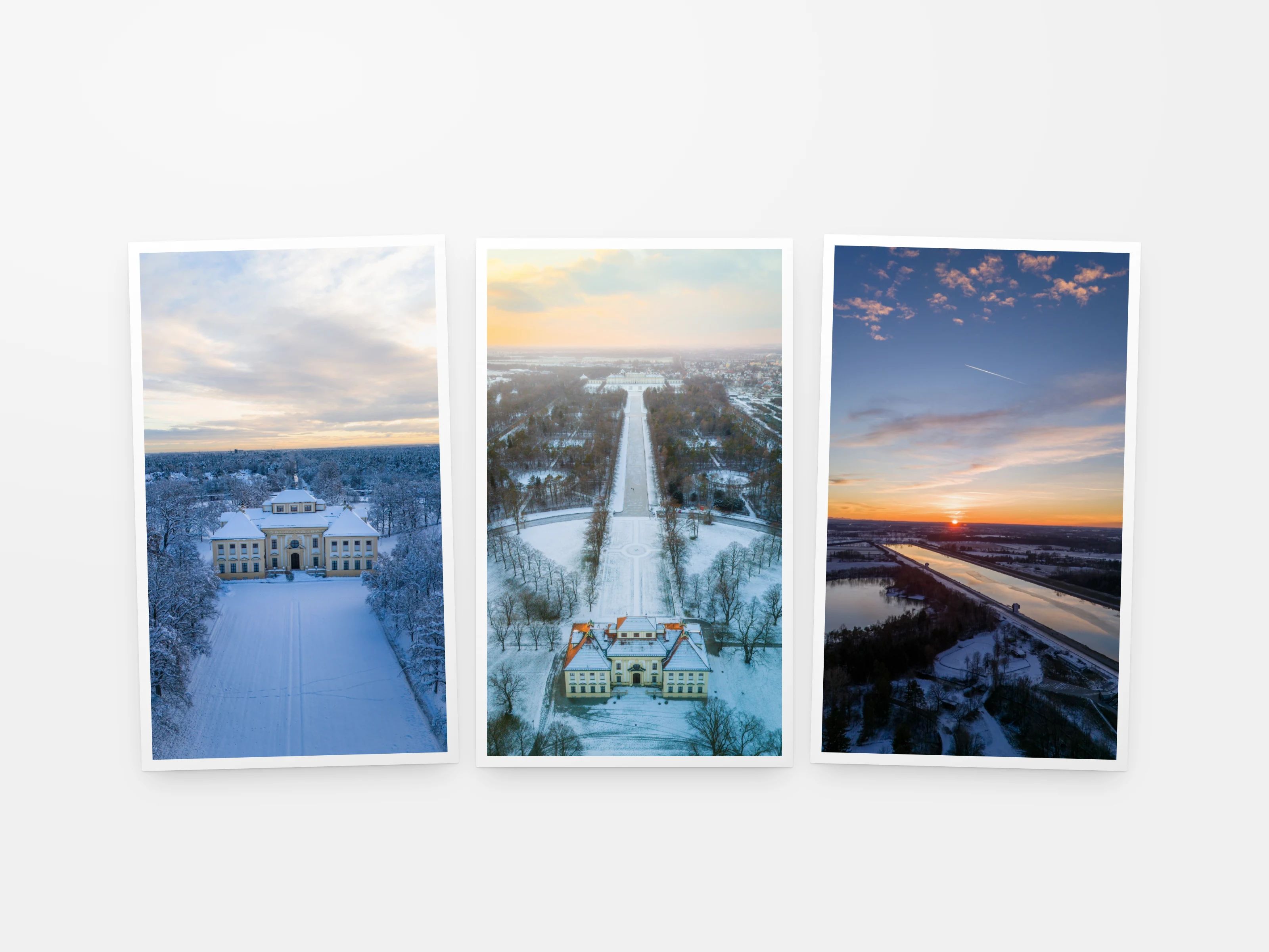 Drei Luftaufnahmen eines Schlossparks im Winter und bei Sonnenuntergang