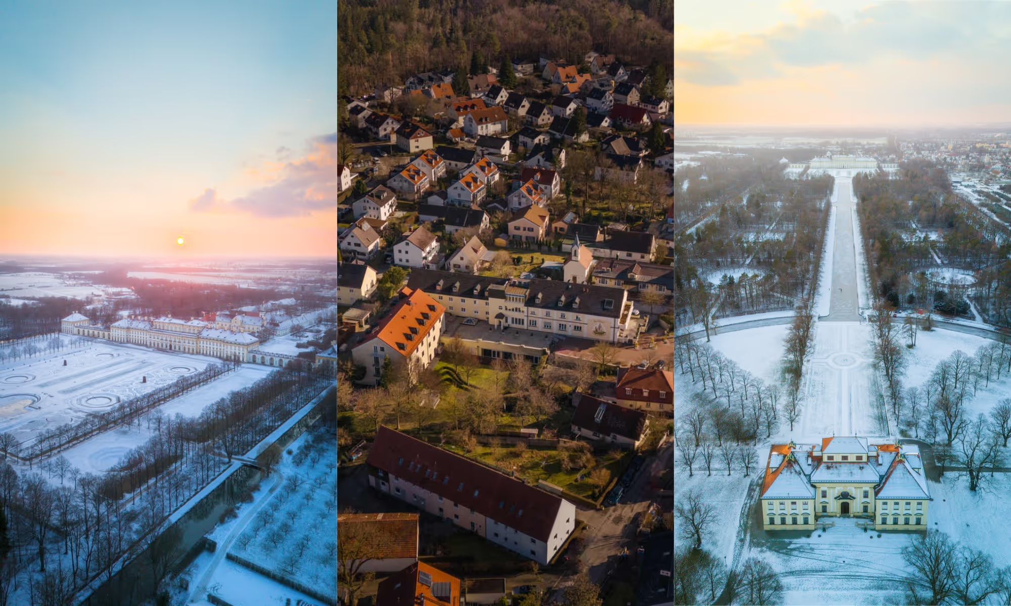 Drei Luftbilder im Winter: Sonnenaufgang, verschneiter Ort und Schlossachse