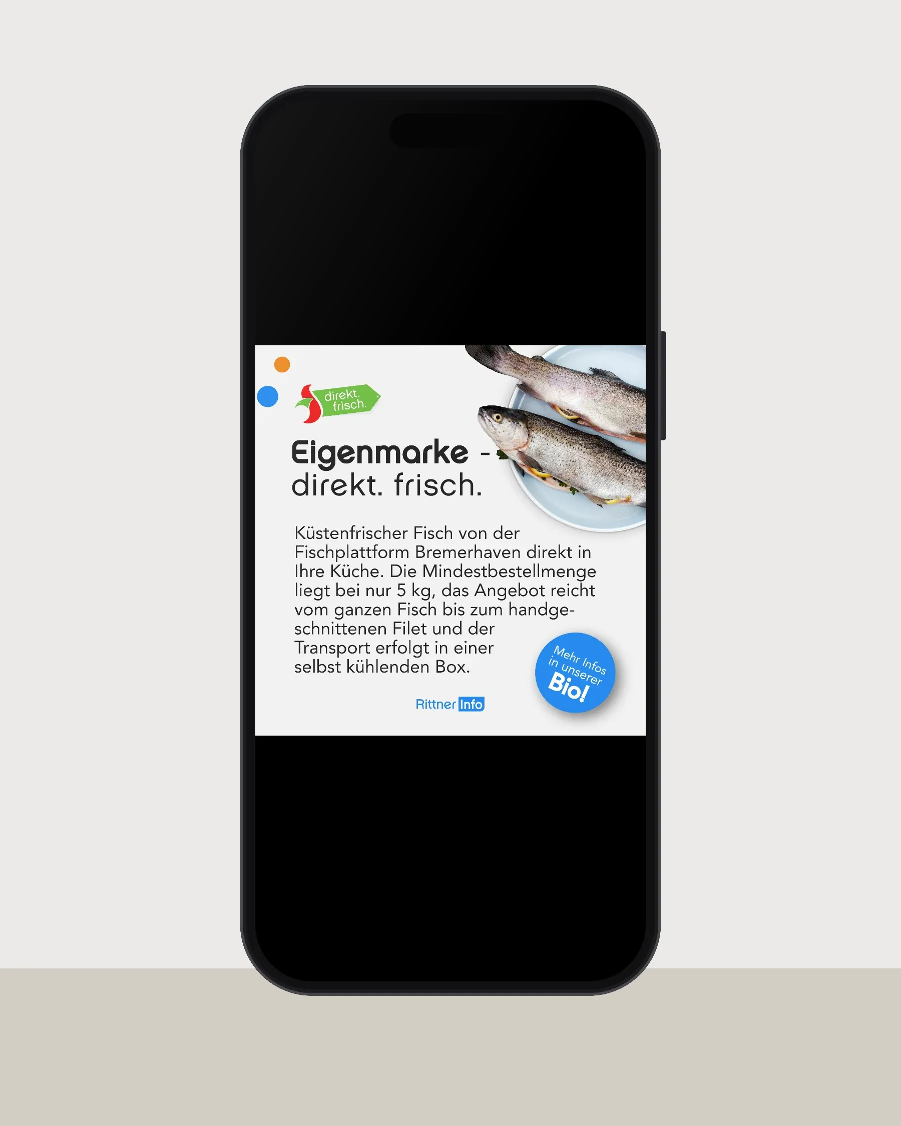 Smartphone mit einem Beitrag über frischen Fisch