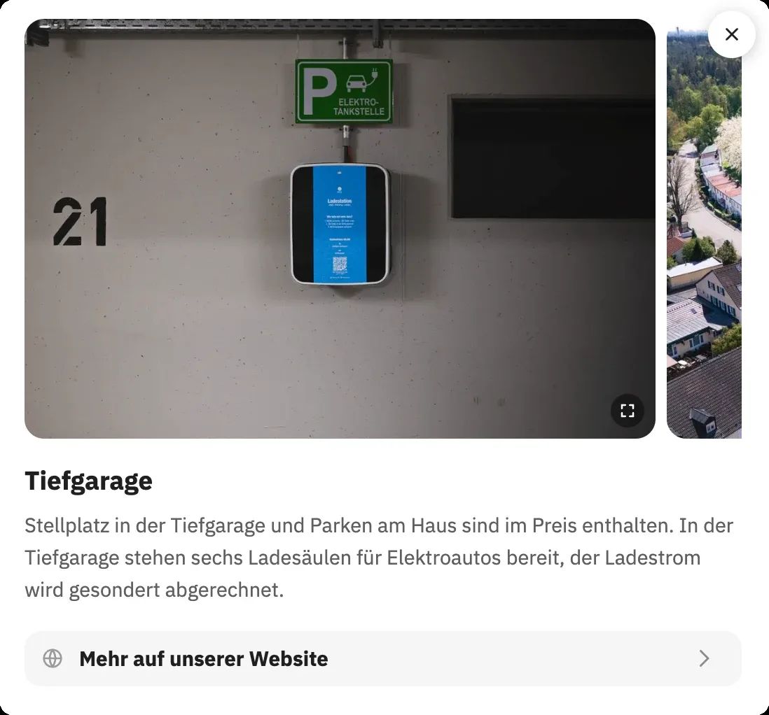 Hinweis zur Tiefgarage mit Ladesäule in der Web-App eines Hotels