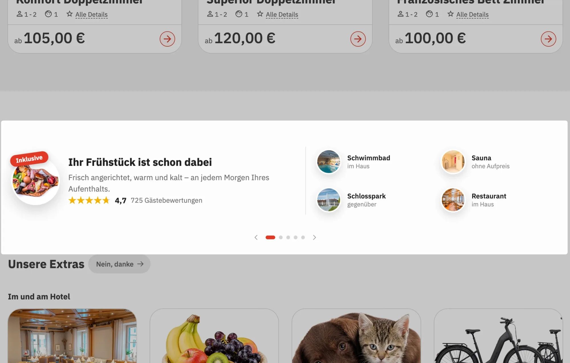 Web-App eines Hotels mit Zimmerpreisen und Extras