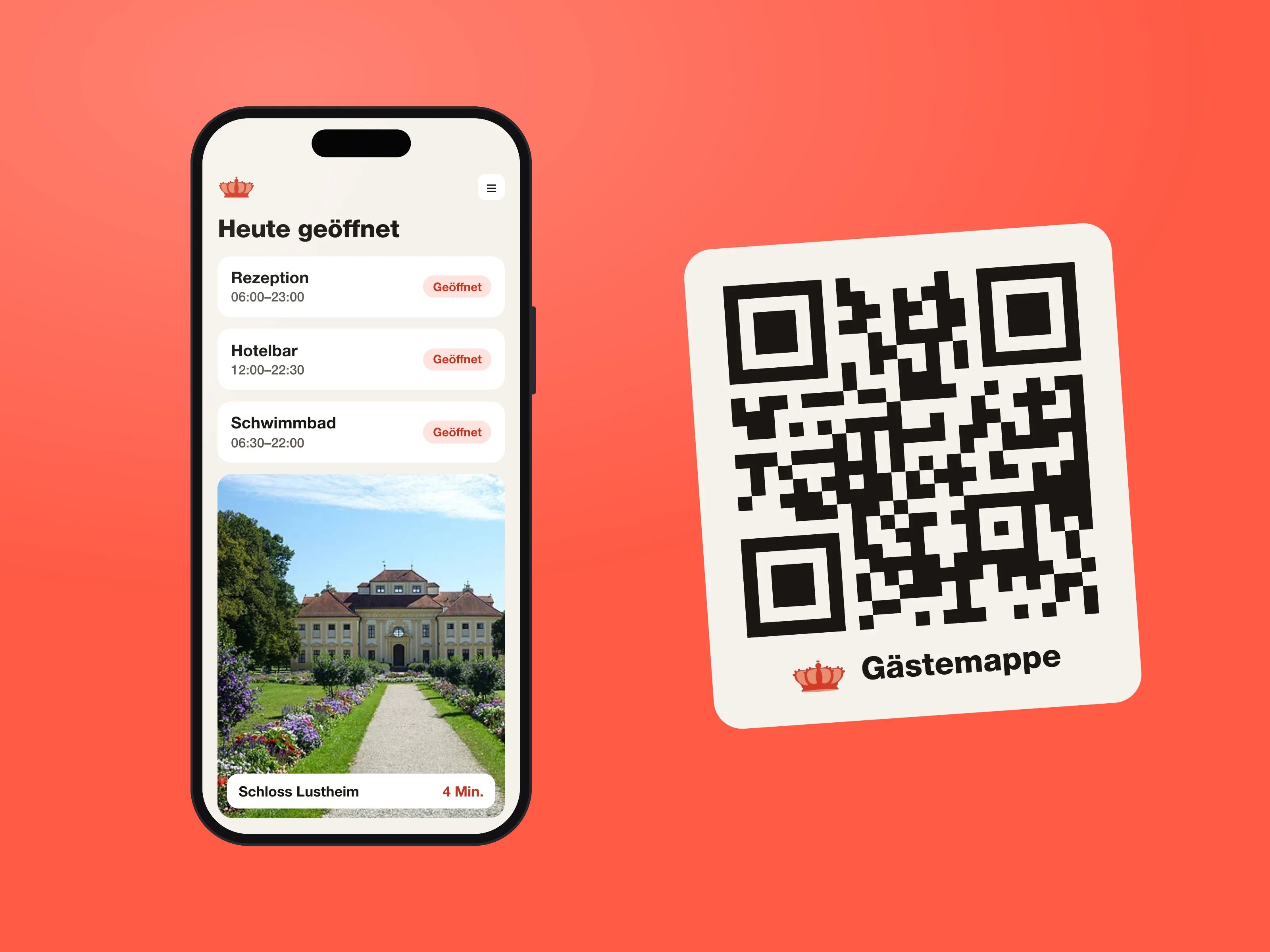 Bildschirm mit QR-Code und daneben ein Handy, auf dem der Weg weitergeht