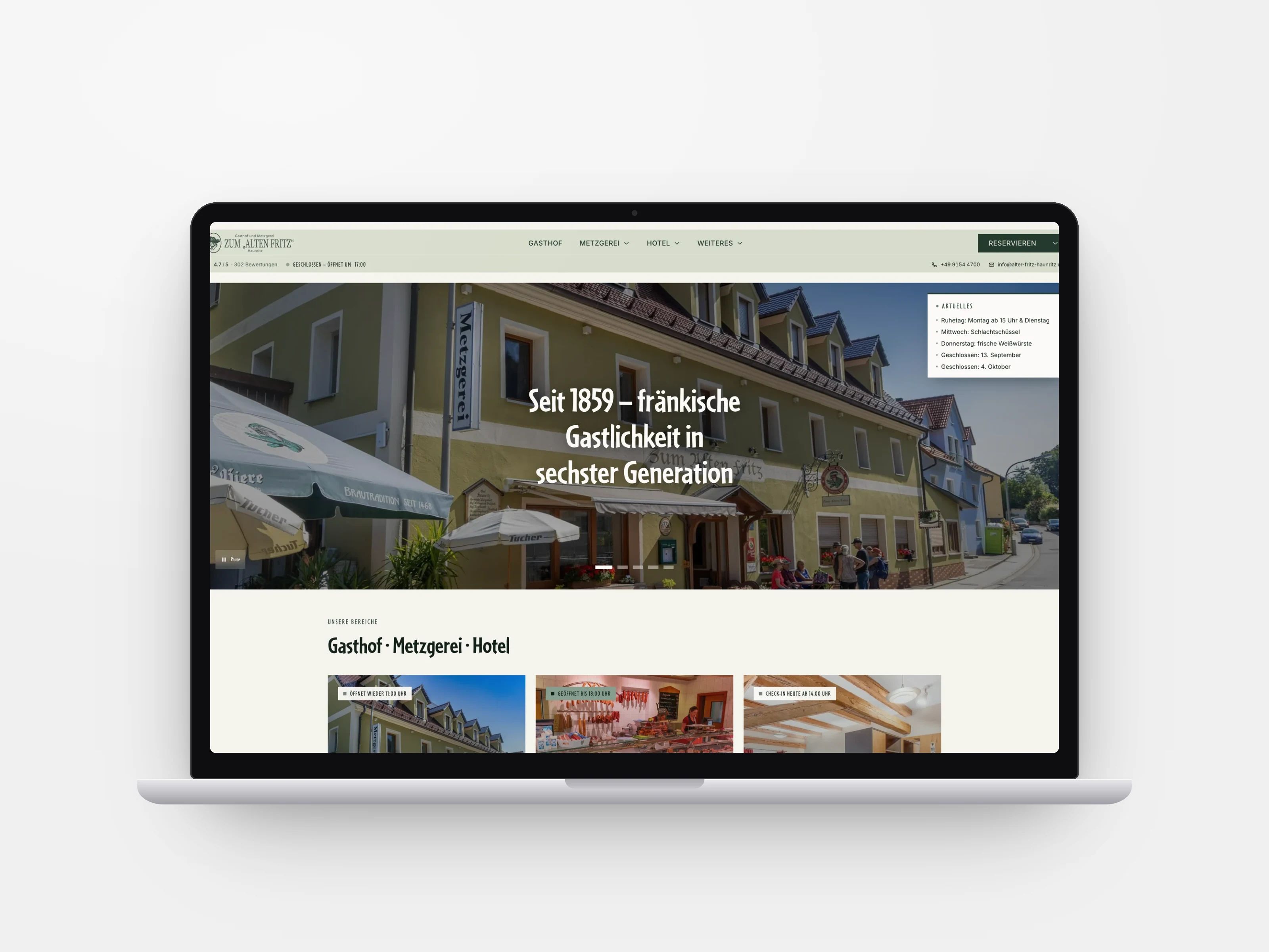 Webseite eines Gasthofs mit Metzgerei und Hotel auf dem Laptop