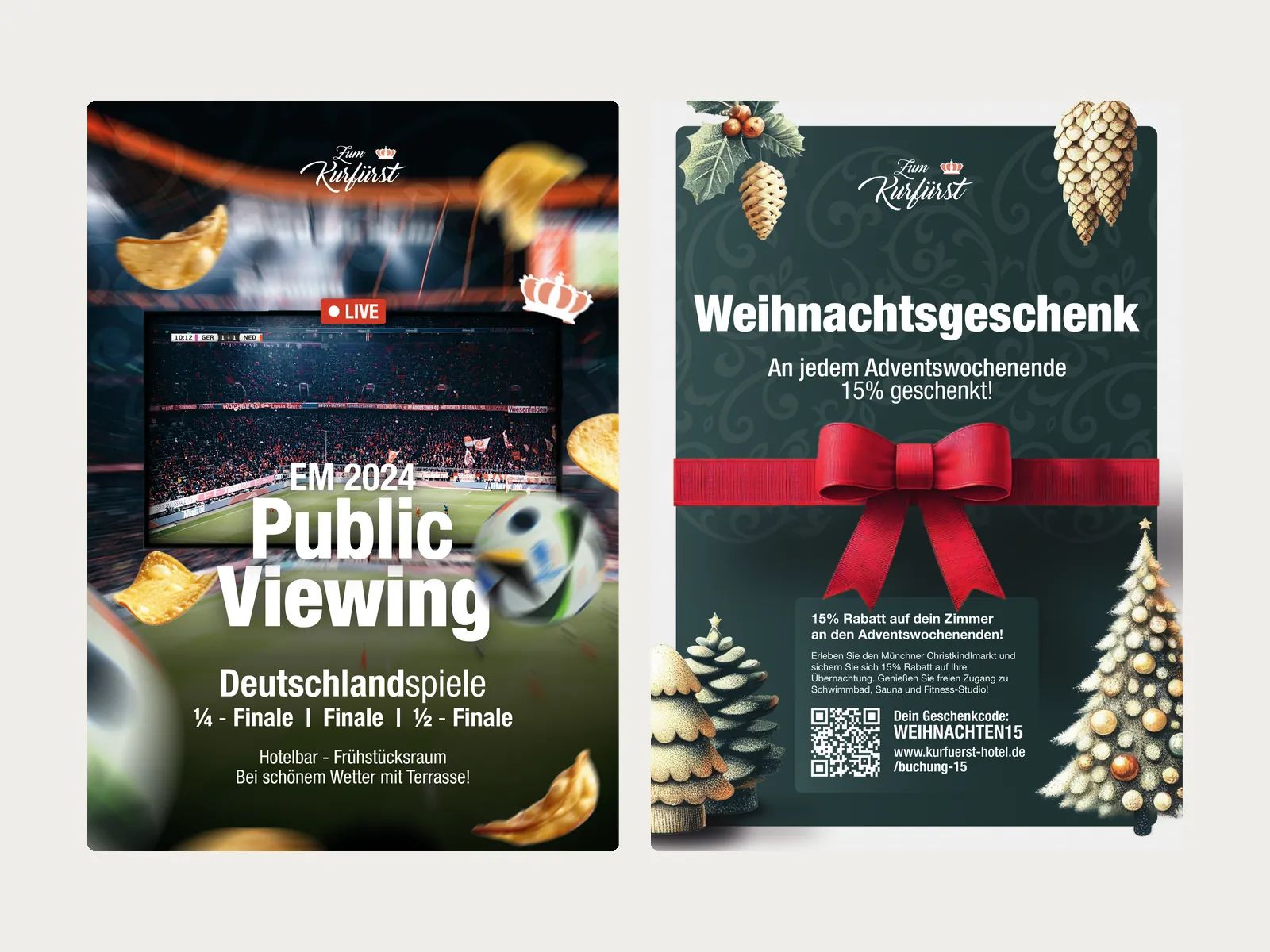 Zwei Plakate: Public Viewing zur Fußball-EM und ein Weihnachtsangebot