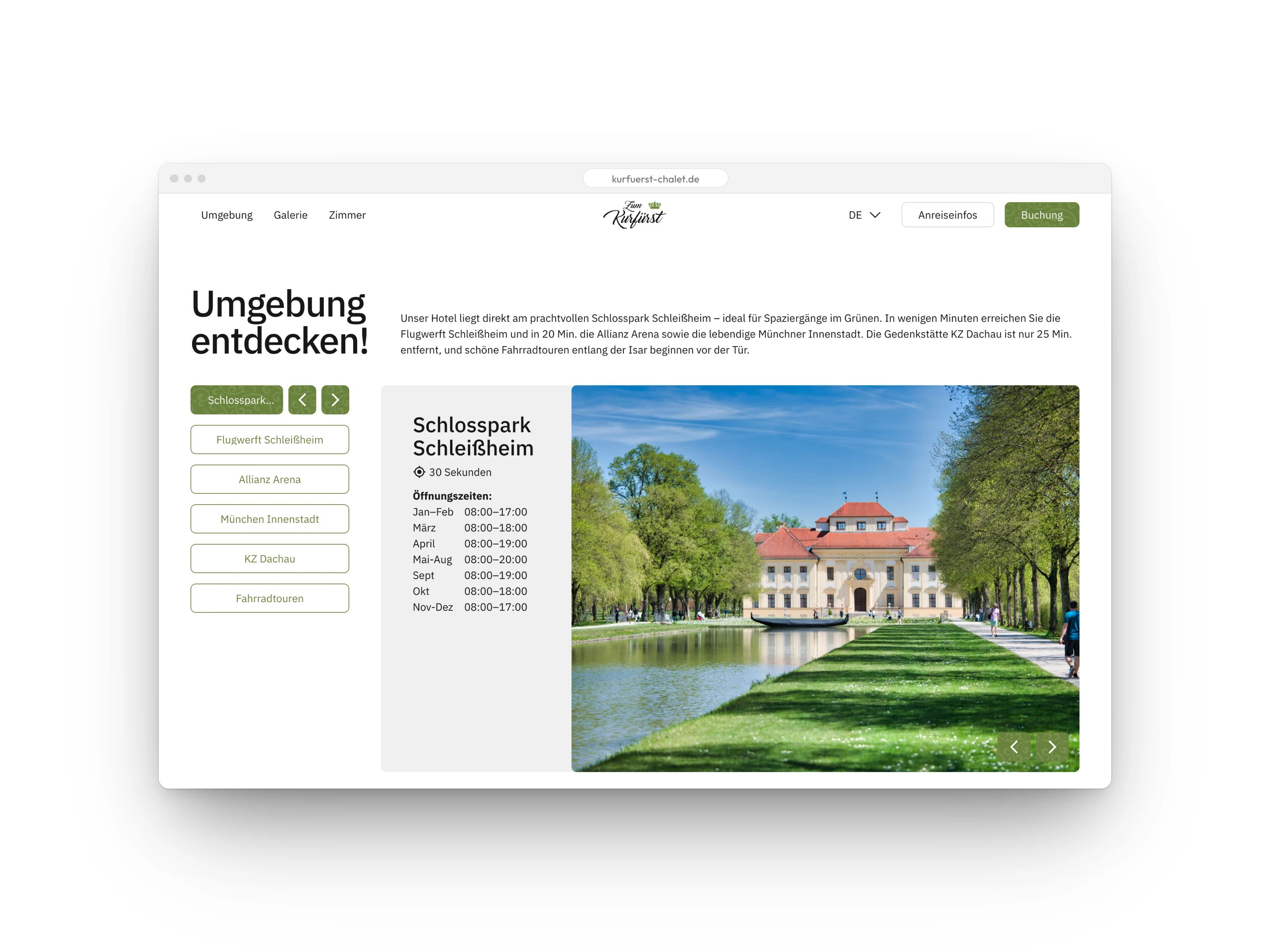 Webseite eines Hotels mit Ausflugszielen rund um den Schlosspark Schleißheim