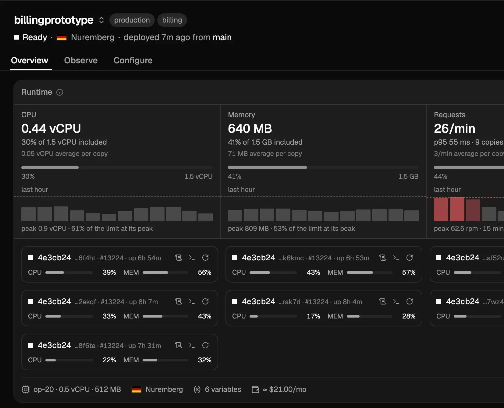 Übersicht einer Hosting-Konsole mit Auslastung von Prozessor und Speicher