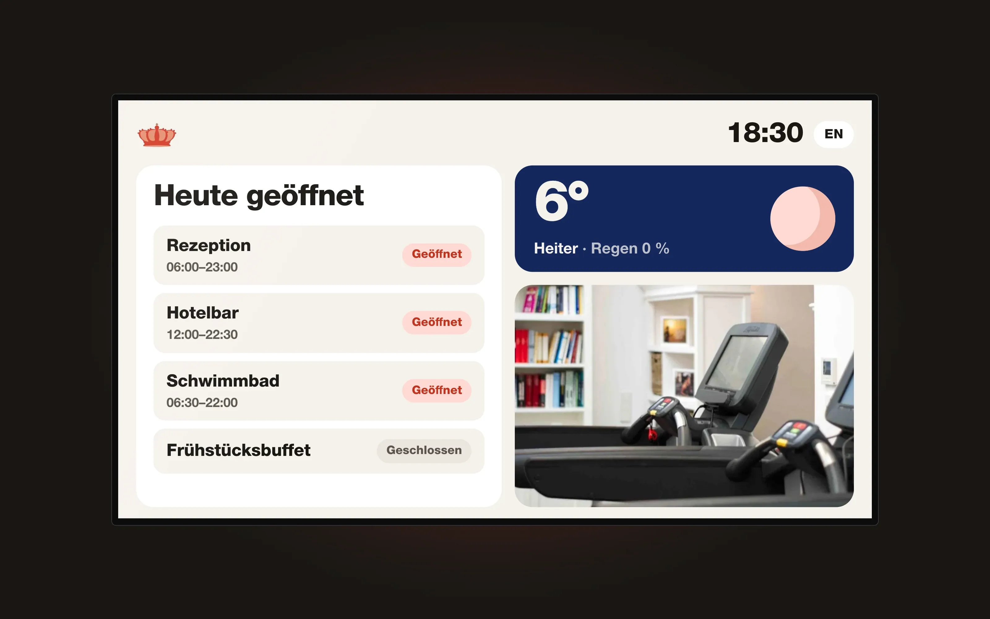 Bildschirm in einer Hotellobby mit Öffnungszeiten und Wetter