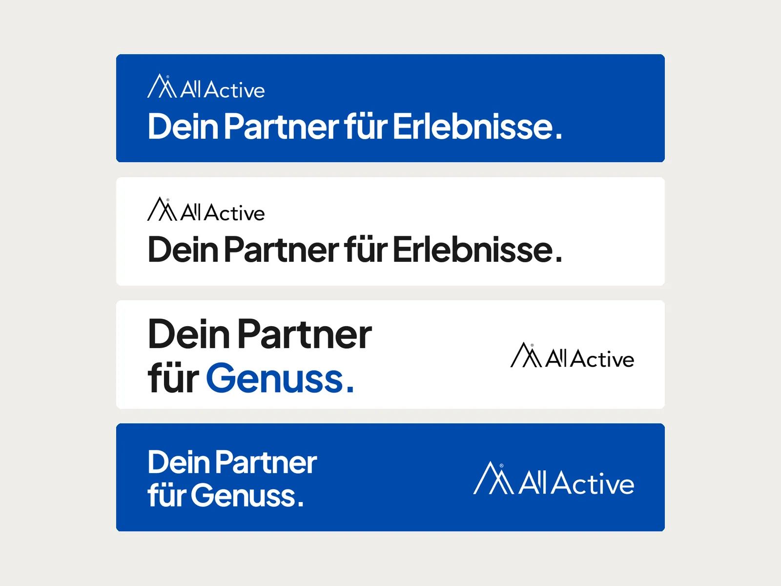 Vier Banner einer Erlebnisplattform in Weiß und Blau
