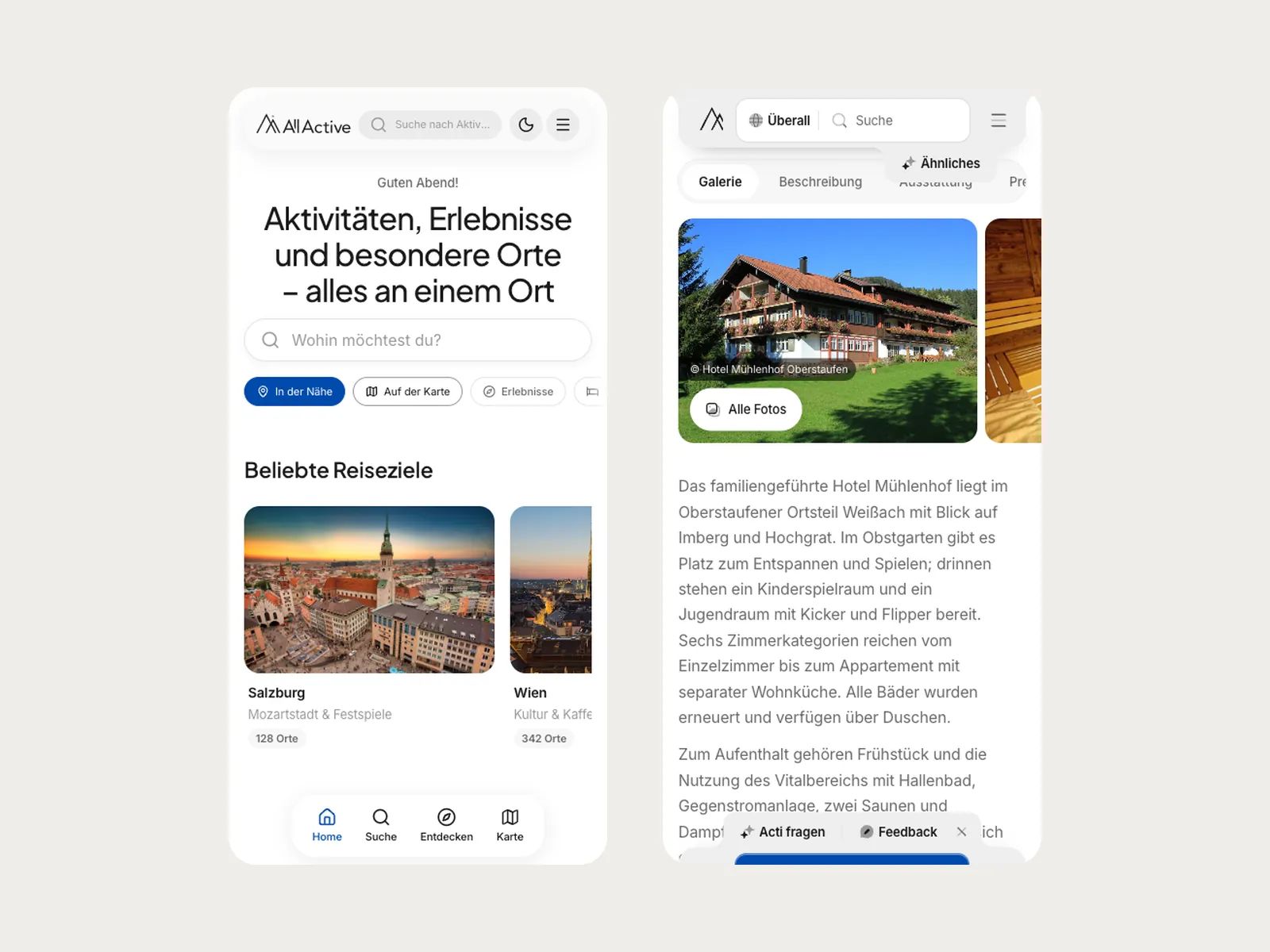 Startseite und Partnerseite einer Erlebnisplattform auf zwei Smartphones