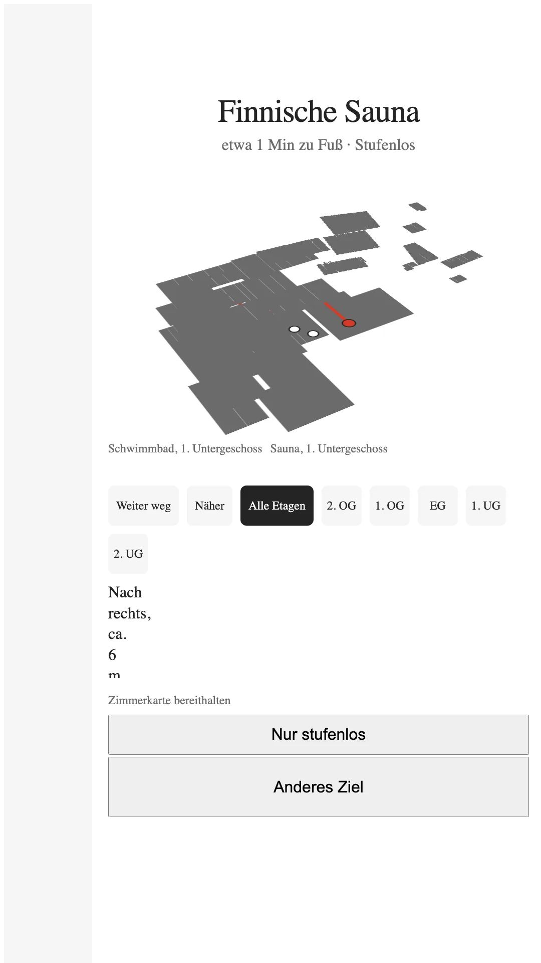 Wegweiser zur Sauna mit Etagenplan auf einem Bildschirm im Hochformat