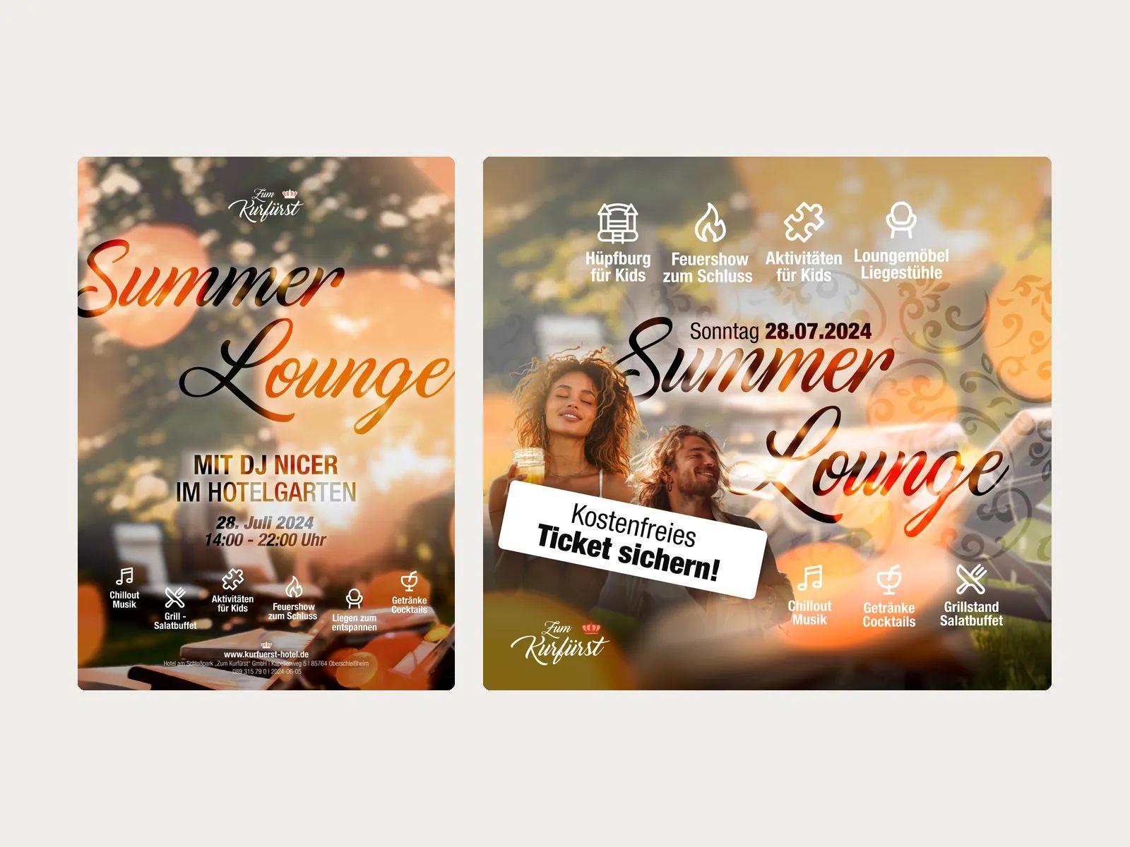 Plakat und quadratische Anzeige für ein Sommerfest im Hotelgarten