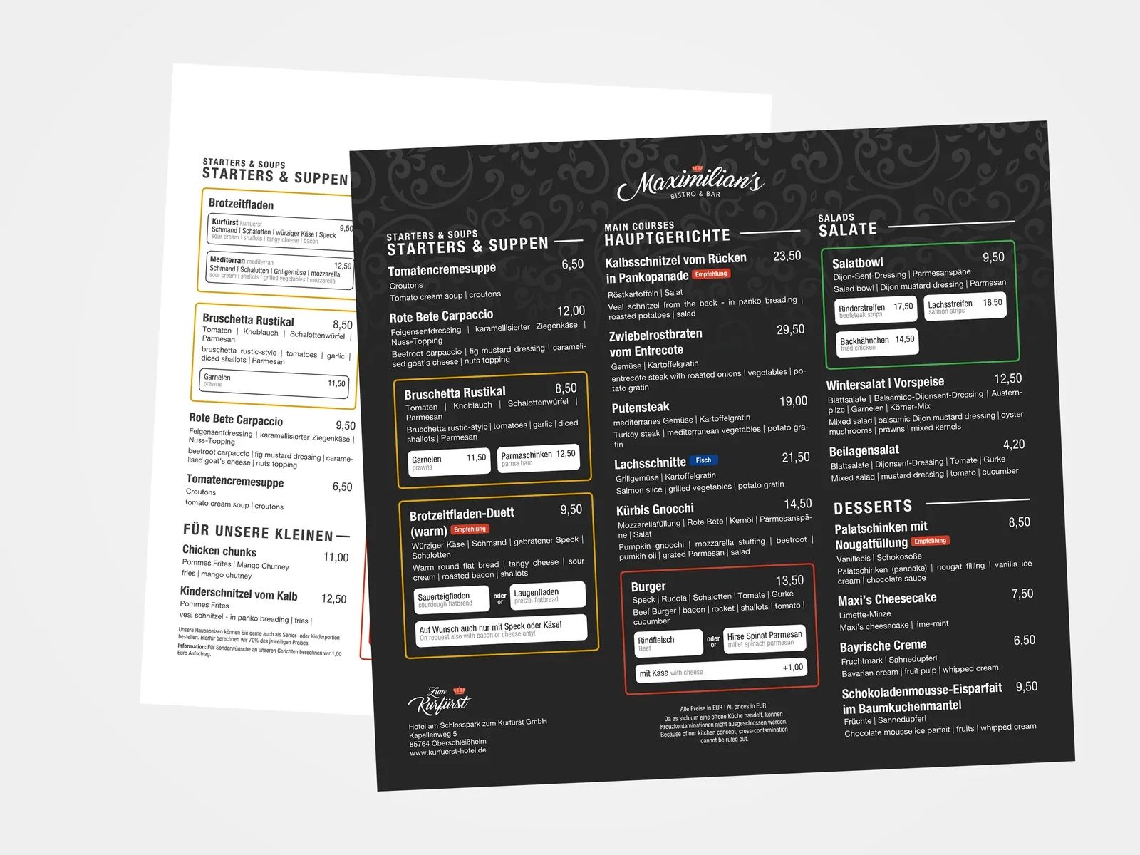 Speisekarte eines Bistros in heller und dunkler Fassung