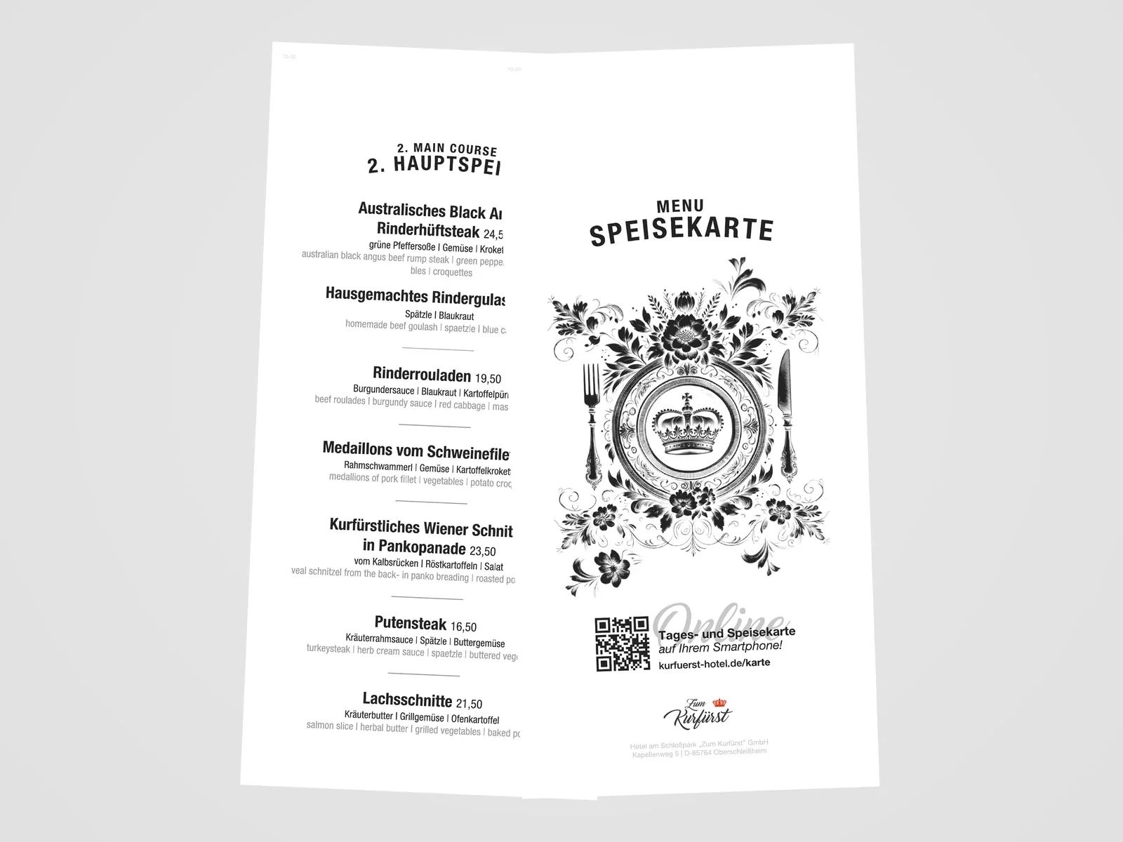 Schmale Speisekarte mit Titel und Innenseite