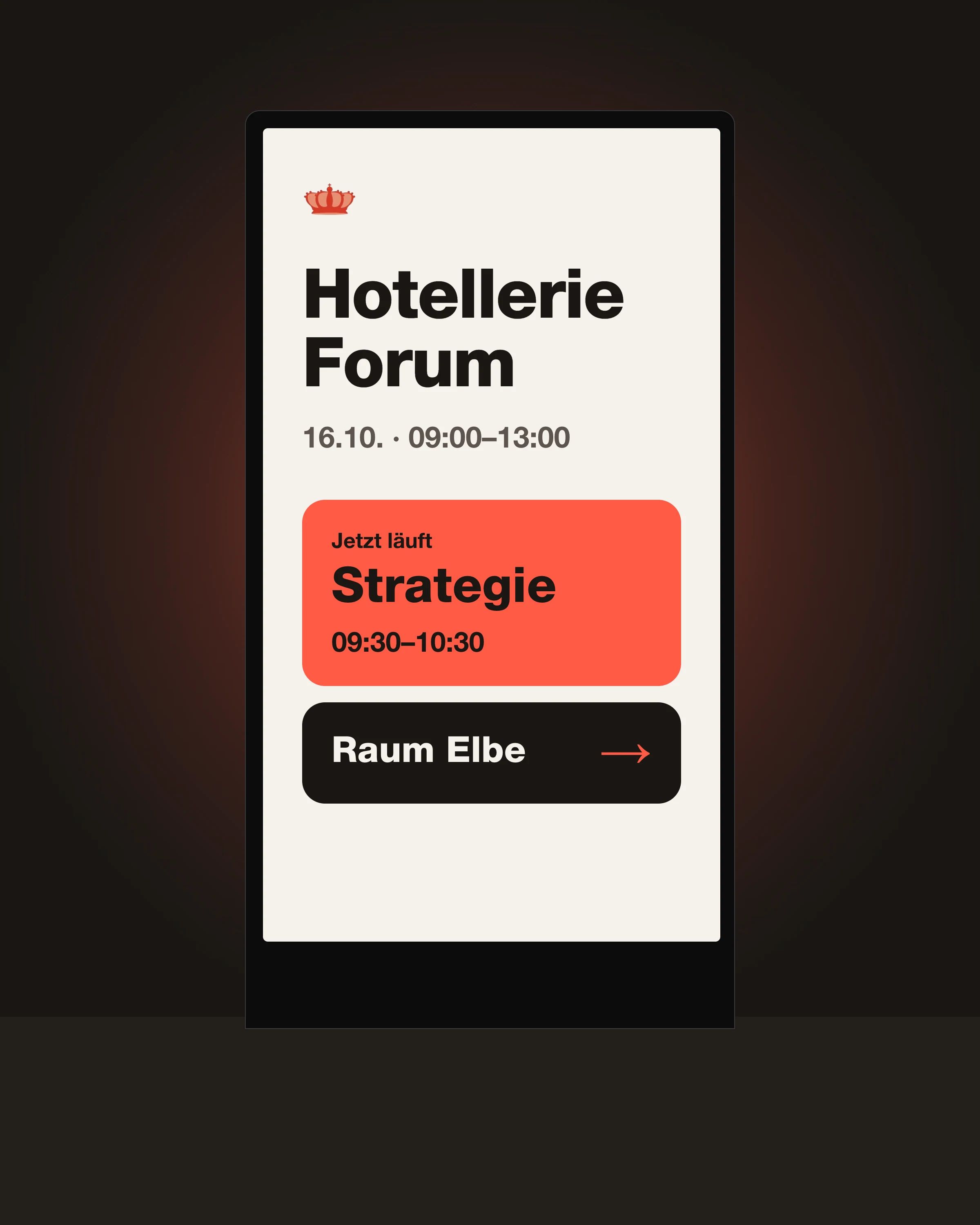 Bildschirm im Hochformat am Eingang mit Infos und Wegweiser