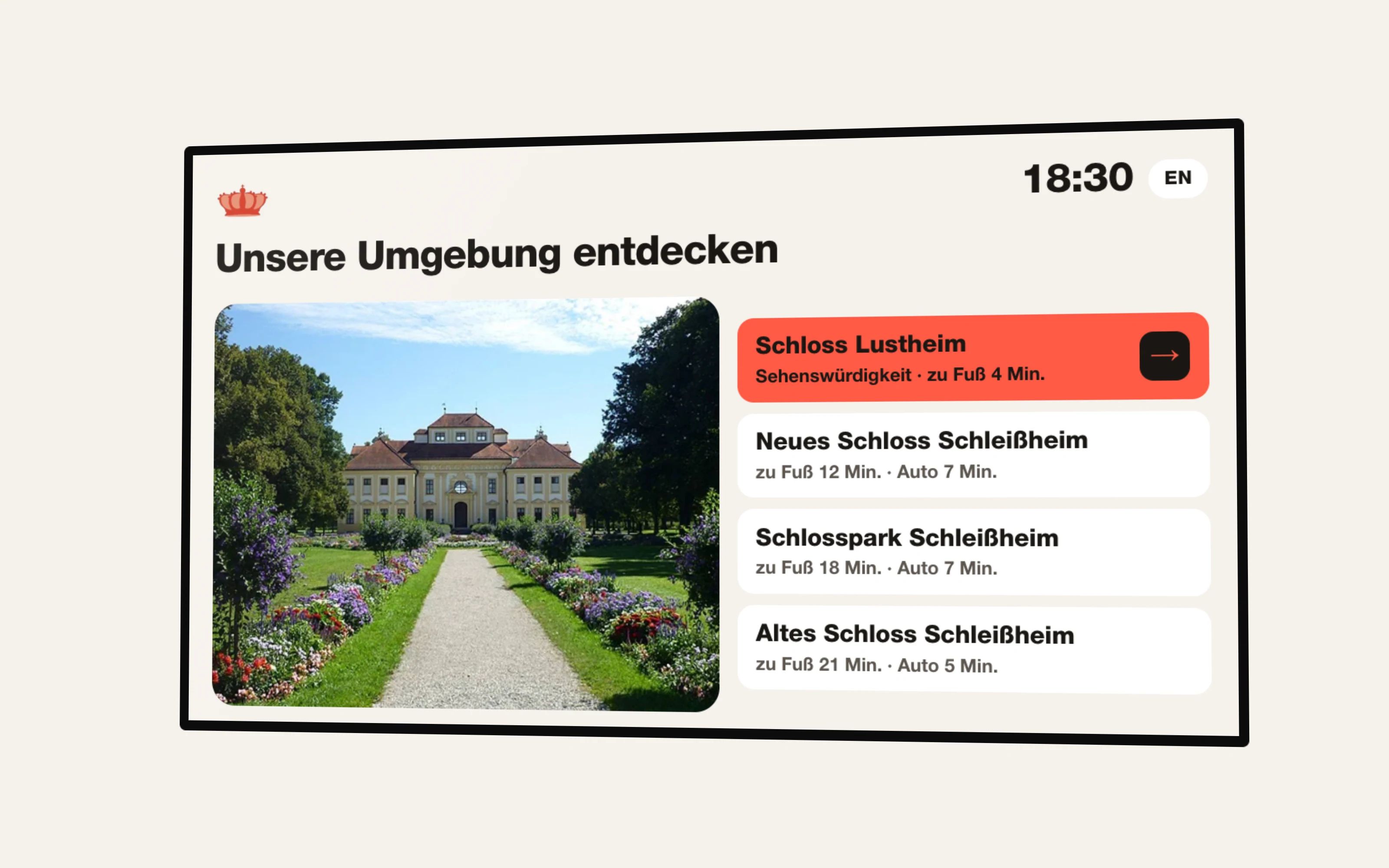 Bildschirm mit Ausflugszielen der Umgebung und ihren Geh- und Fahrzeiten