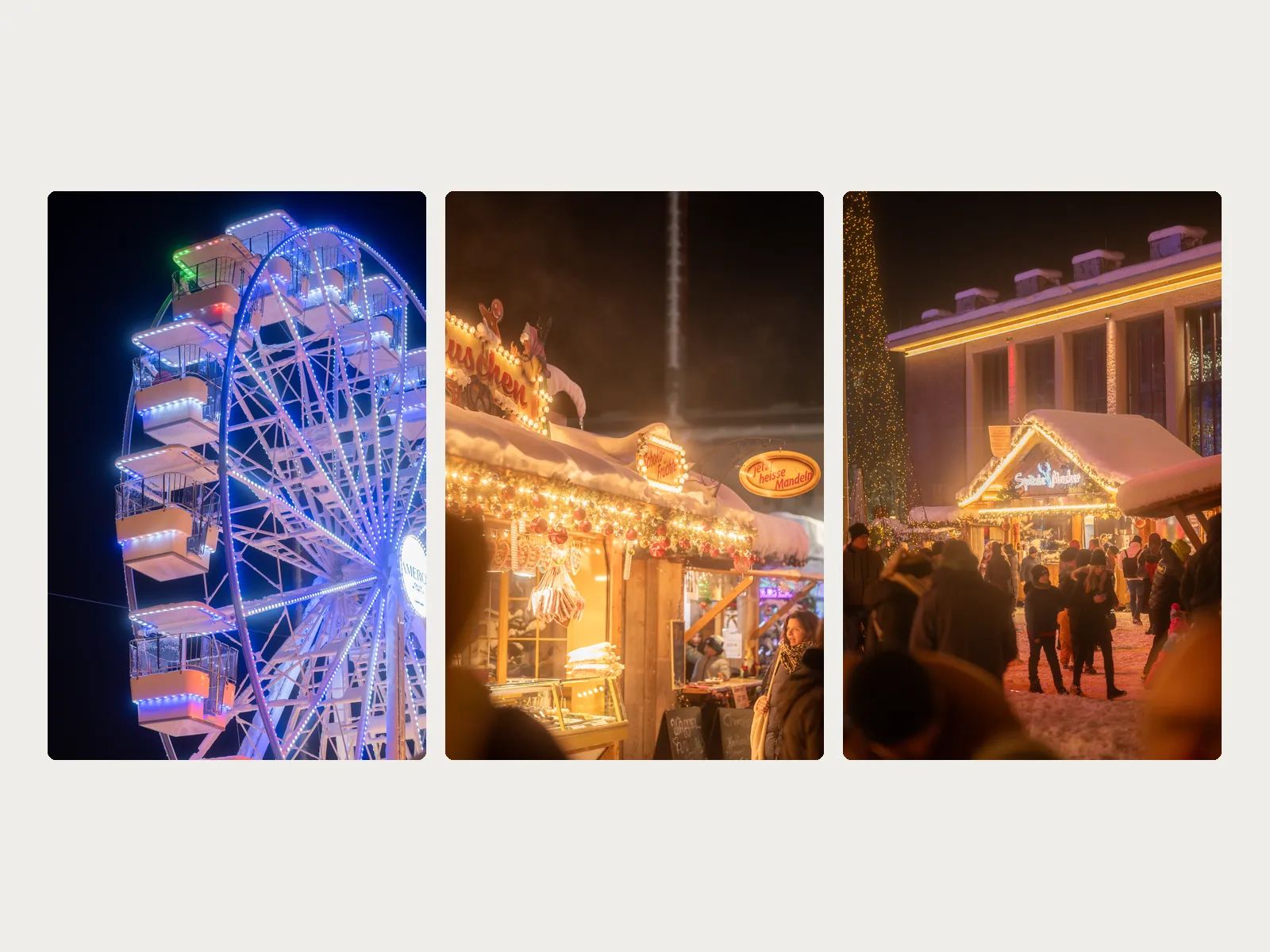 Drei Abendfotos vom Weihnachtsmarkt: Riesenrad, Bude und Schloss